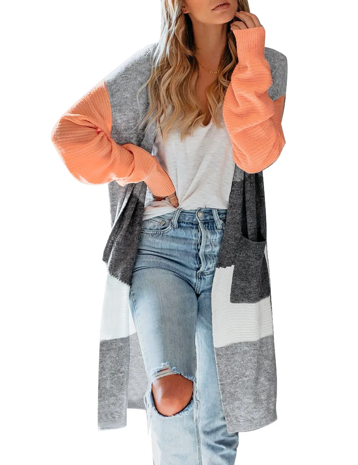 luvamia Women Colorblock Striped Long Cardigans Casual Lightweight Sweater Cardigan Outwear