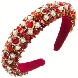 Luxurious Baroque Padded Velvet Rhinestone & Pearl  Ladies Women Headband - Red ((Style 3))