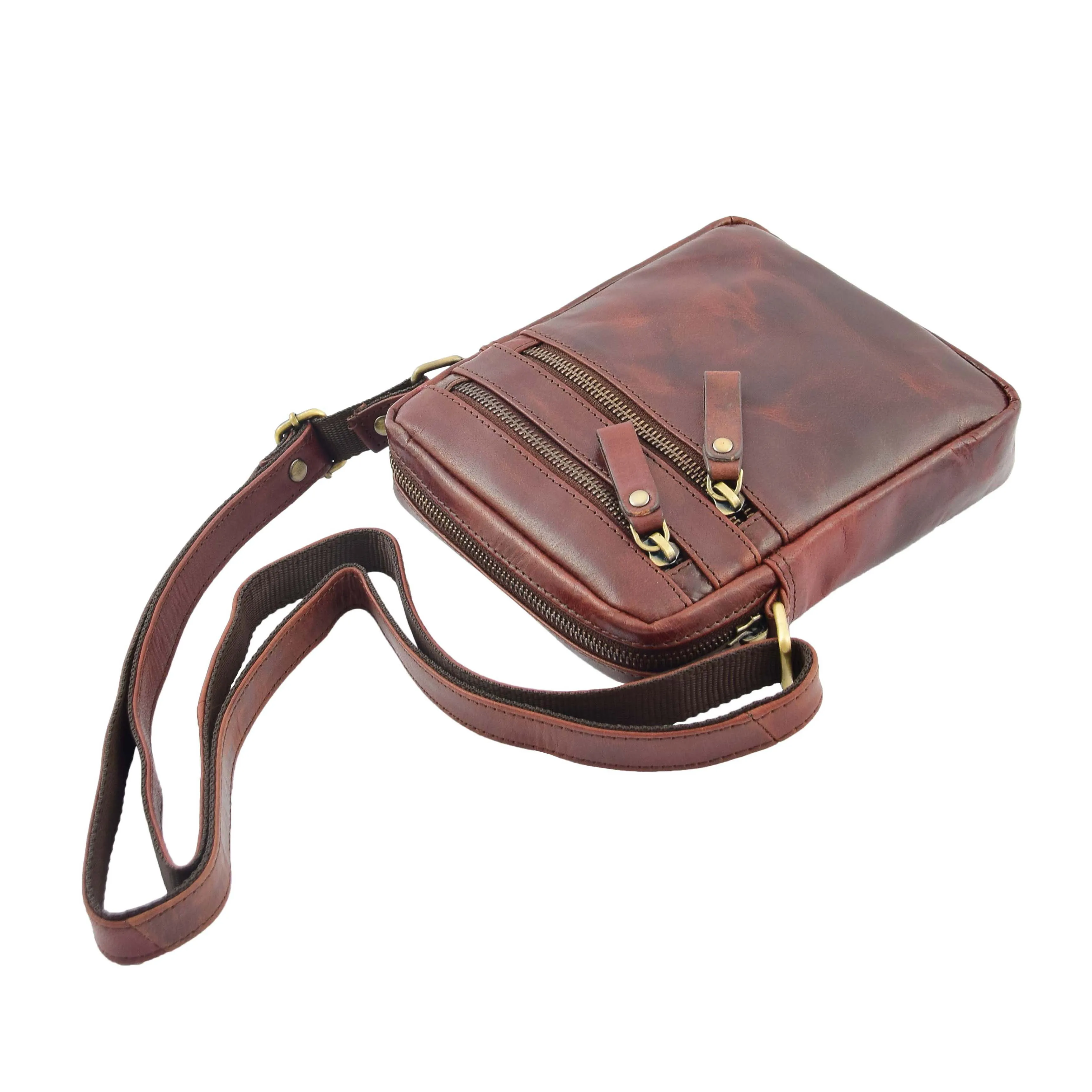 Luxury Brown Leather Unisex Cross Body Flight Bag Small Pouch Sunny