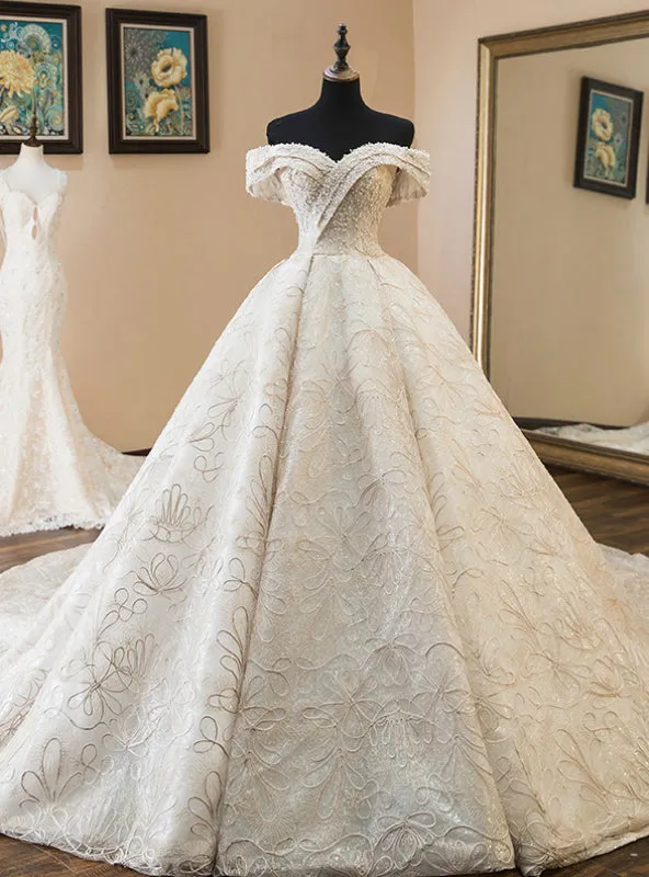 Luxury Champagne Ball Gown Lace Off The Shoulder Wedding Dress With Pearls