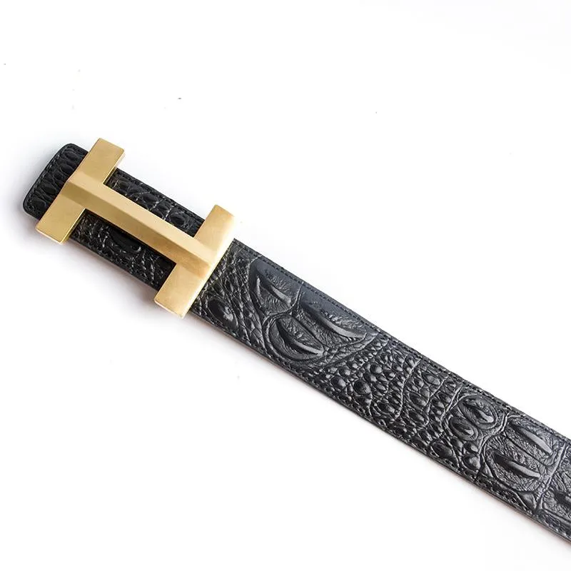 Luxury Crocodile Pattern Brass Buckle Leather Belt