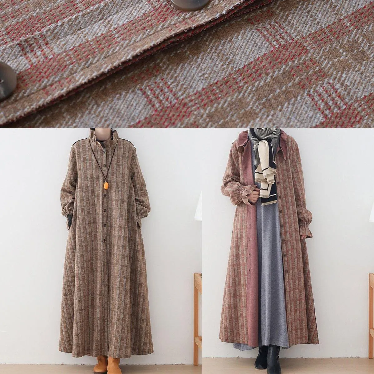 Luxury khaki plaid Wool jackets trendy plus size mid-length coats stand collar Button Down coat