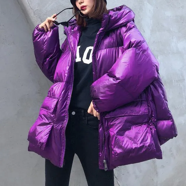 Luxury purple down jacket woman plus size clothing winter jacket hooded zippered Elegant coats