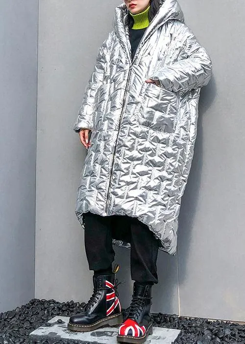 Luxury silver Parkas for women Loose fitting hooded zippered coats