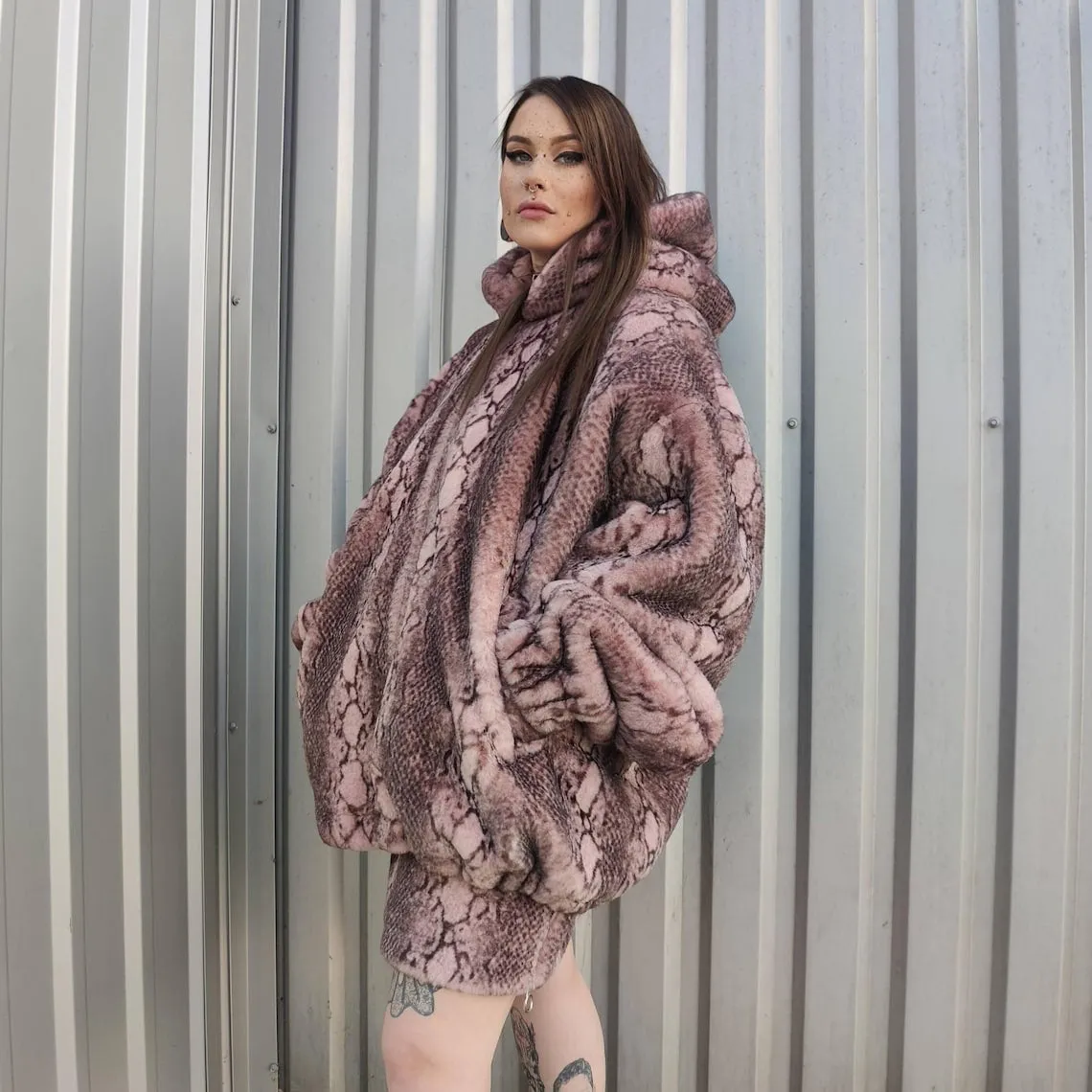 Luxury snake jacket faux fur python print bomber handmade fluffy catwalk fleece puffer premium grunge hooded coat in pastel pink black