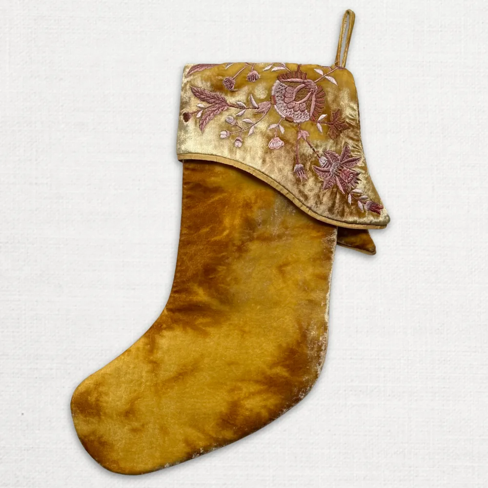 Madame Bovary Embroidered Silk Velvet Holiday Stocking in Shaded Oro