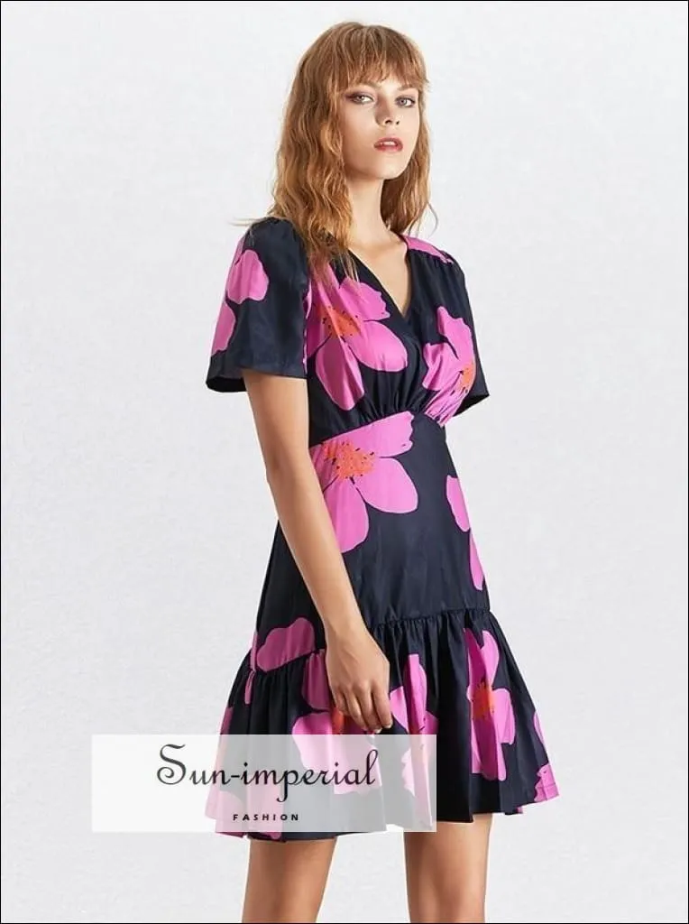 Maine Dress - Casual Flower Print Mini Dress for Women V Neck Short Sleeve High Waist Slim Mini