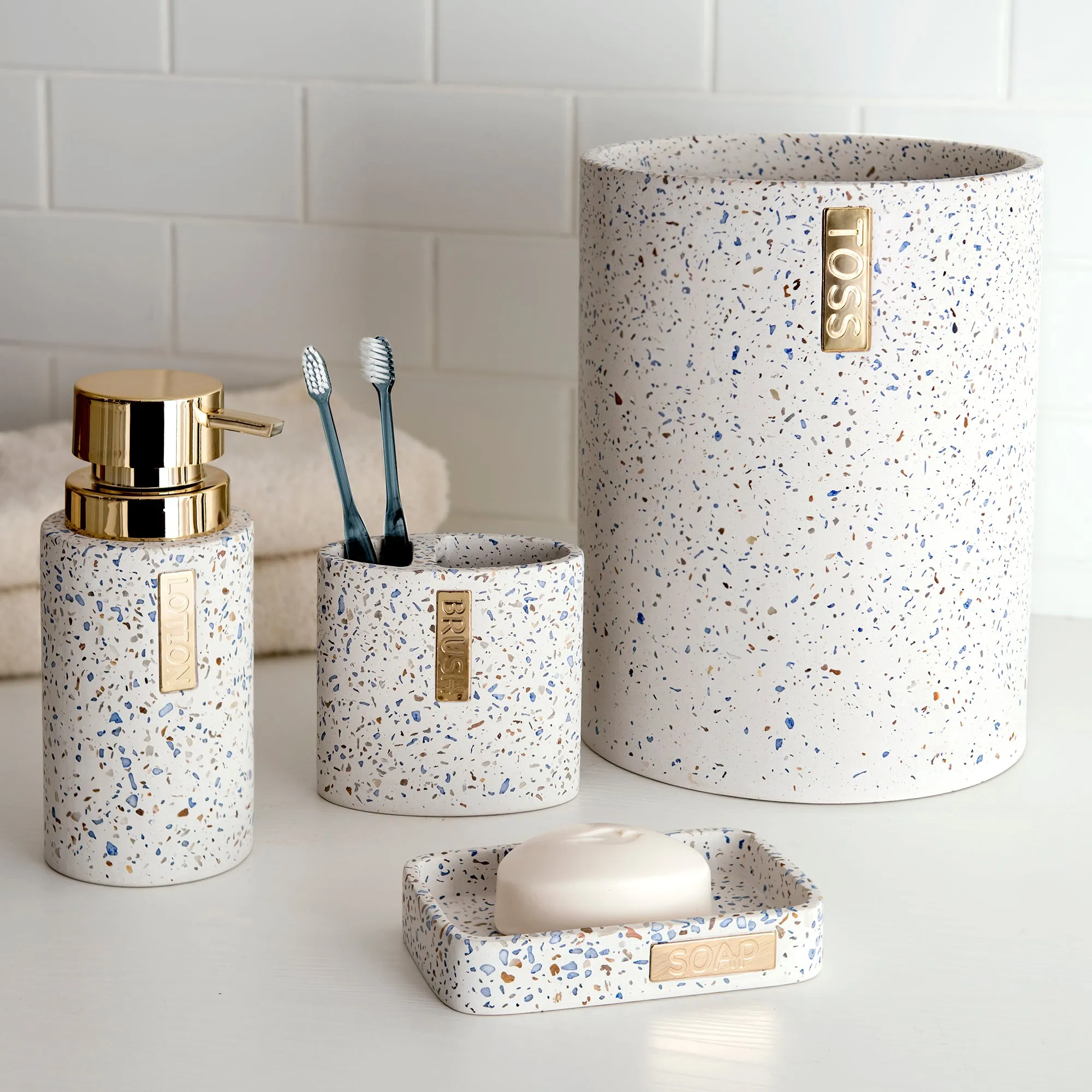 Mainstays 3 Piece Terrazzo with Gold Plate Cement Bath Accessory Set