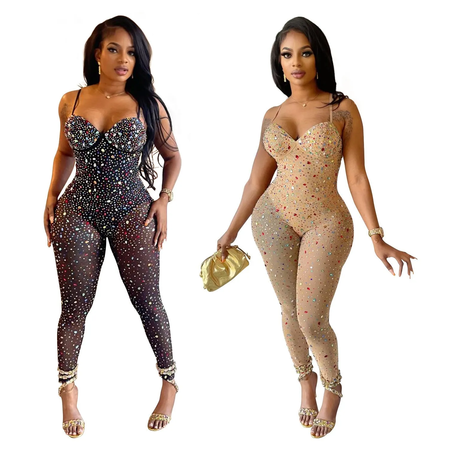 MALYBGG Mesh Jumpsuit with Heat-Set Rhinestones 6780LY