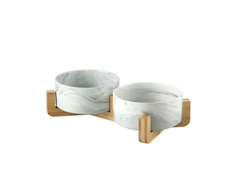 Marble and Bamboo Pet Bowl