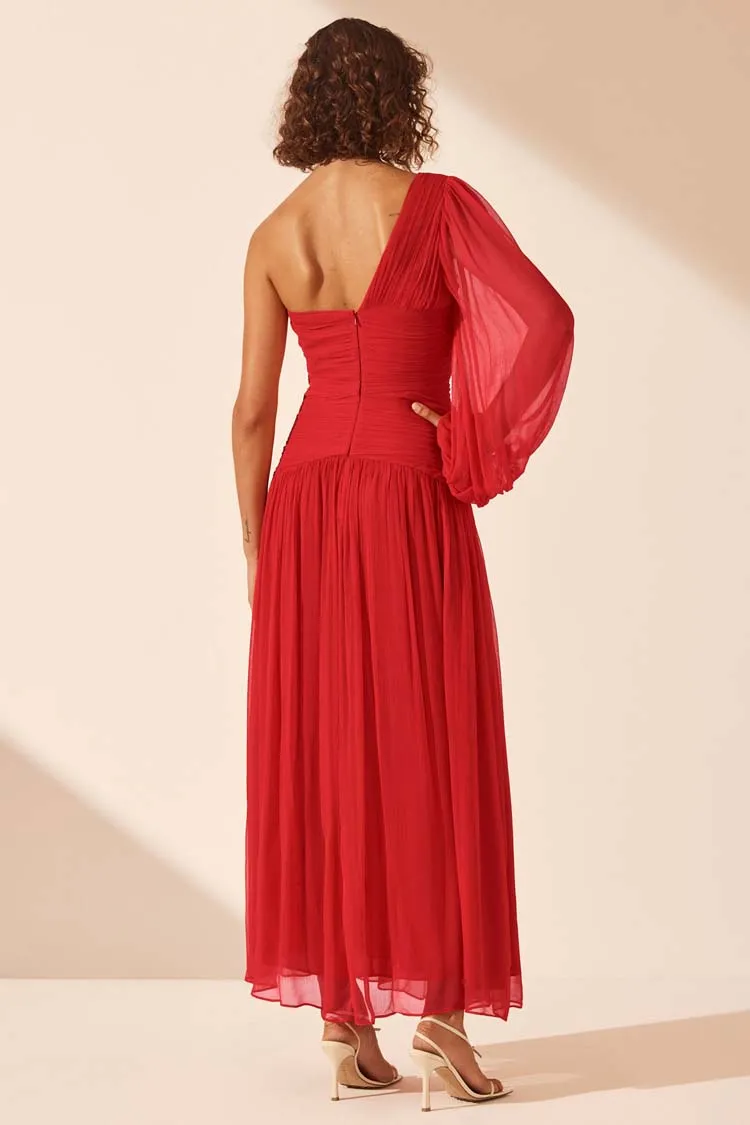 Margot LS One Shoulder Lace Up Maxi Dress in Sailor Red | FINAL SALE