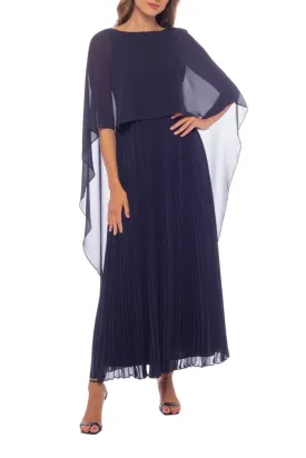 Marina boat neck capelet pleated front zipper closure solid crepe chiffon gown