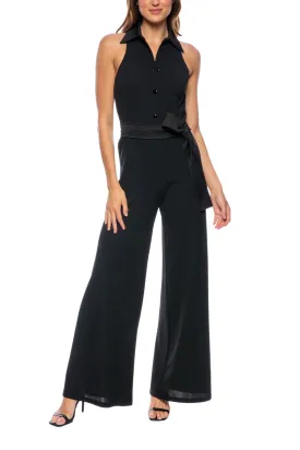 Marina Collared Sleeveless Tie Waist Scuba Crepe Jumpsuit