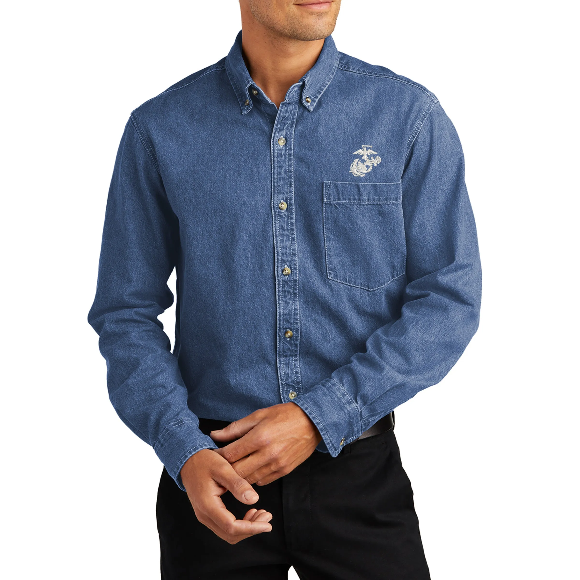 Marines Embroidered Dark Denim Button Up