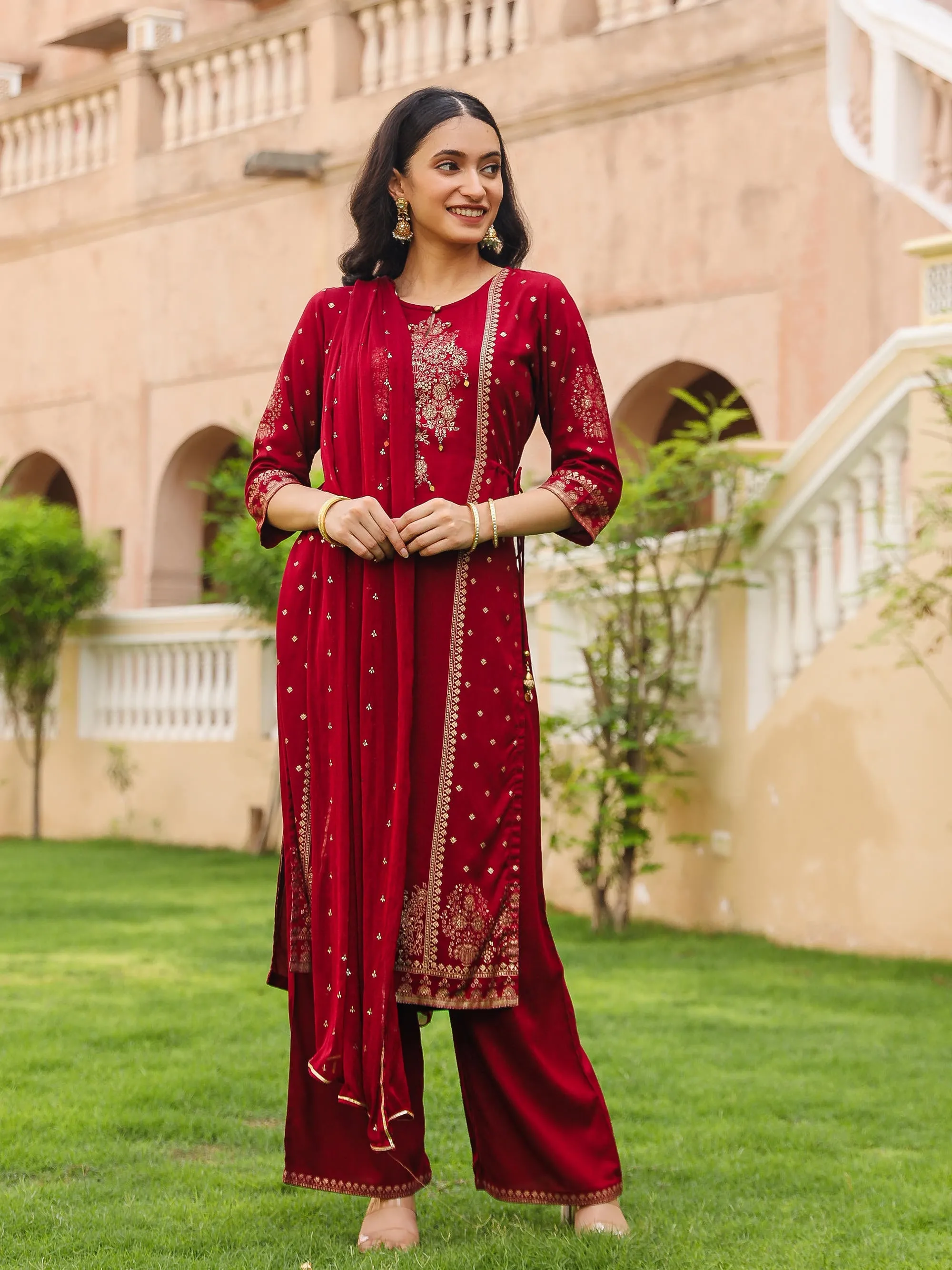 Maroon Ethnic Motif Golden Printed Liva Rayon Kurta Pant And Dupatta Set With Coins & Lace