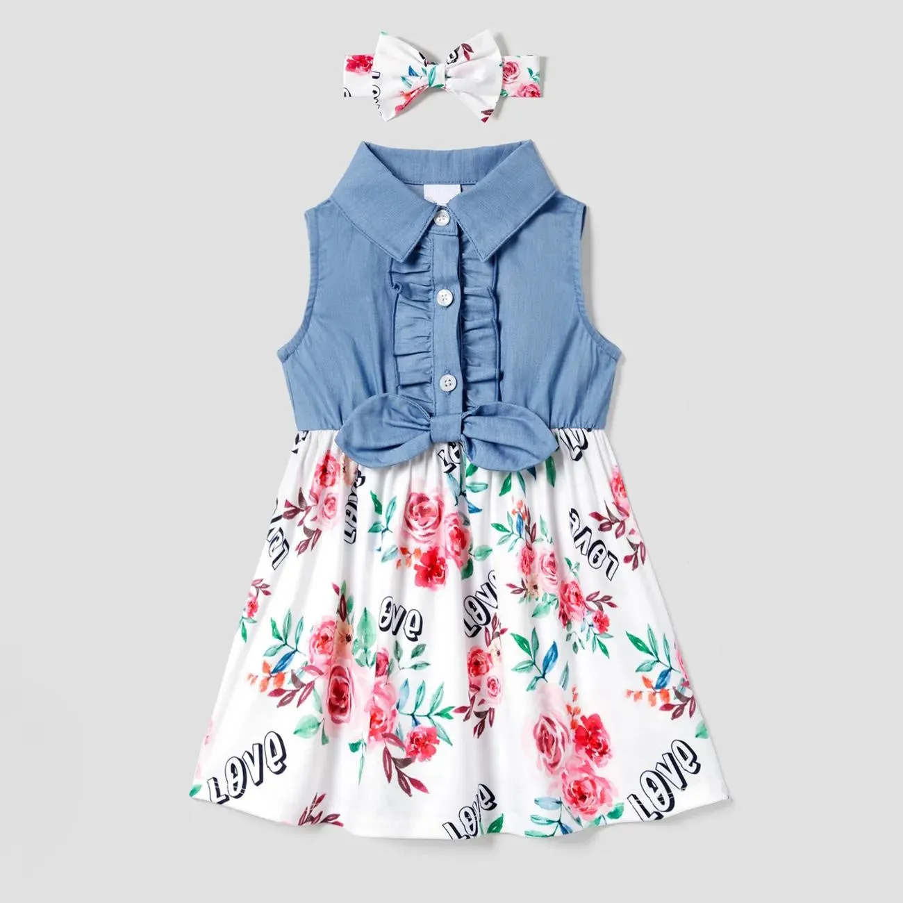 Matching Family Outfits Denim Stitching Flower Print Mommy and Me Dresses