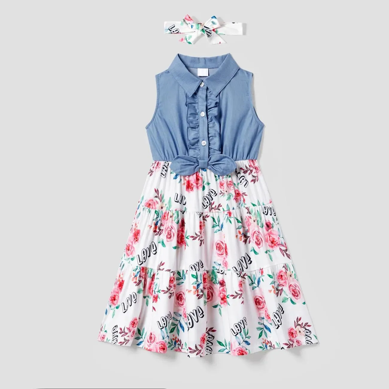 Matching Family Outfits Denim Stitching Flower Print Mommy and Me Dresses