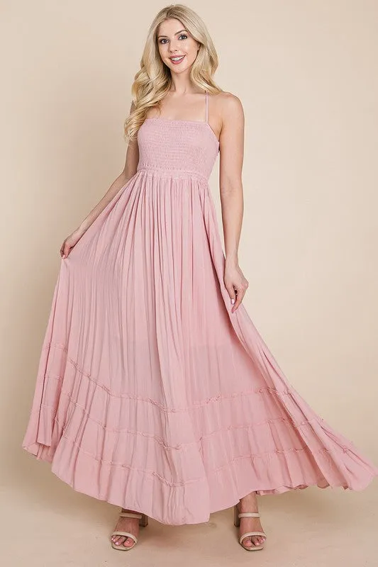 Mauve Smocked Flowy Boho Pleated Backless Maxi Dress