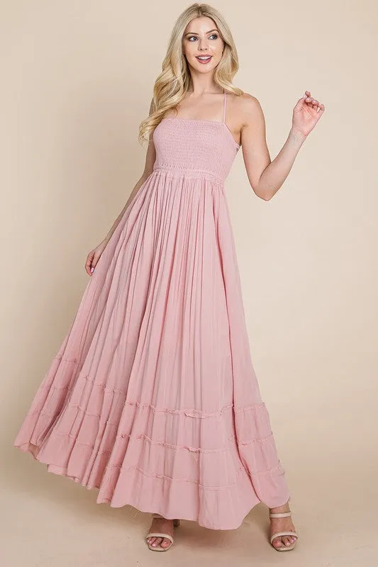 Mauve Smocked Flowy Boho Pleated Backless Maxi Dress