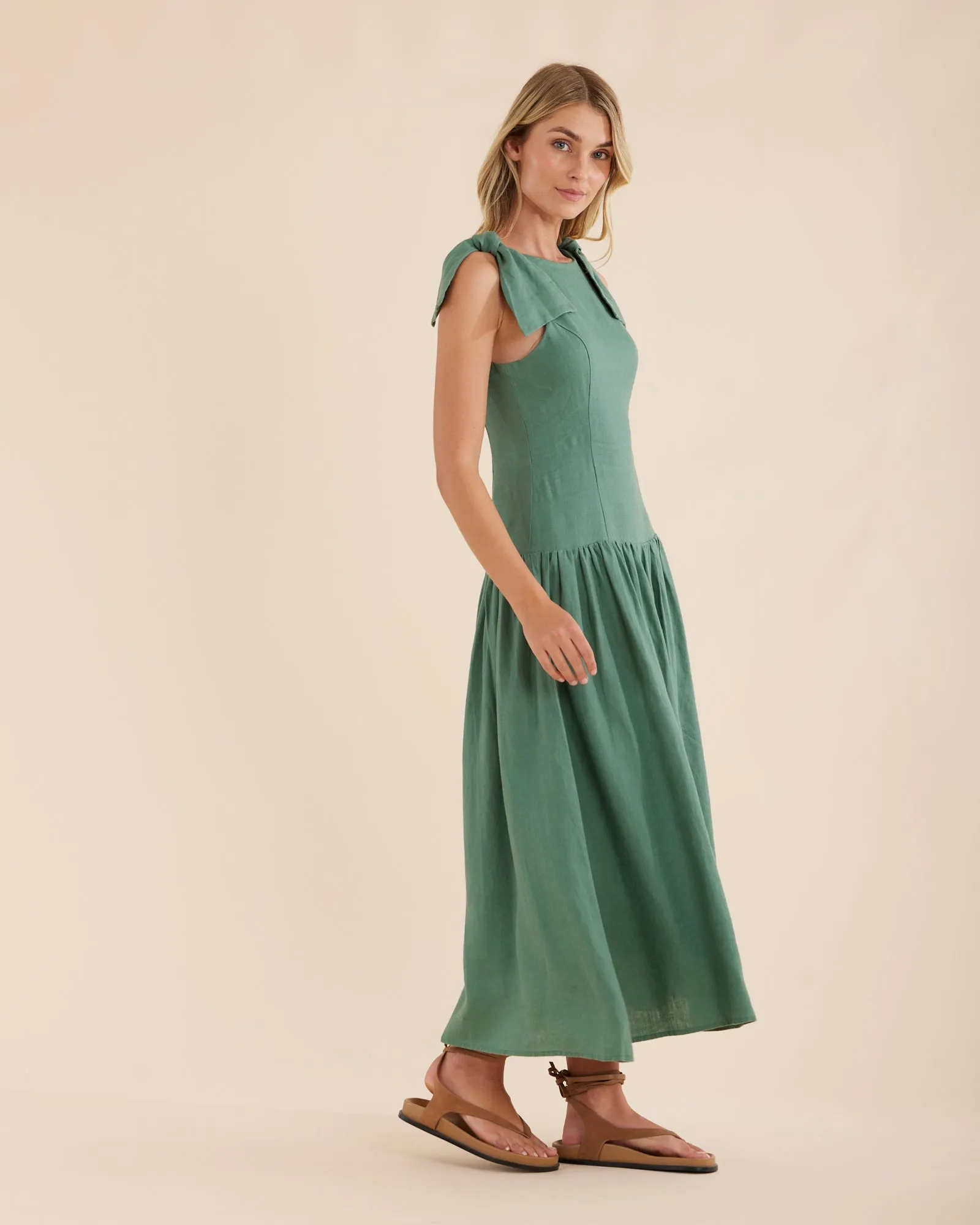 Mavie Bow Linen Maxi Dress - Evergreen