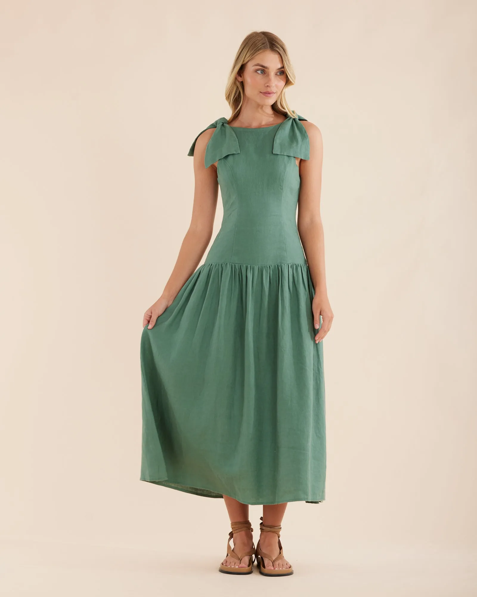 Mavie Bow Linen Maxi Dress - Evergreen