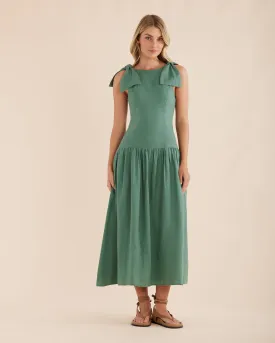 Mavie Bow Linen Maxi Dress - Evergreen