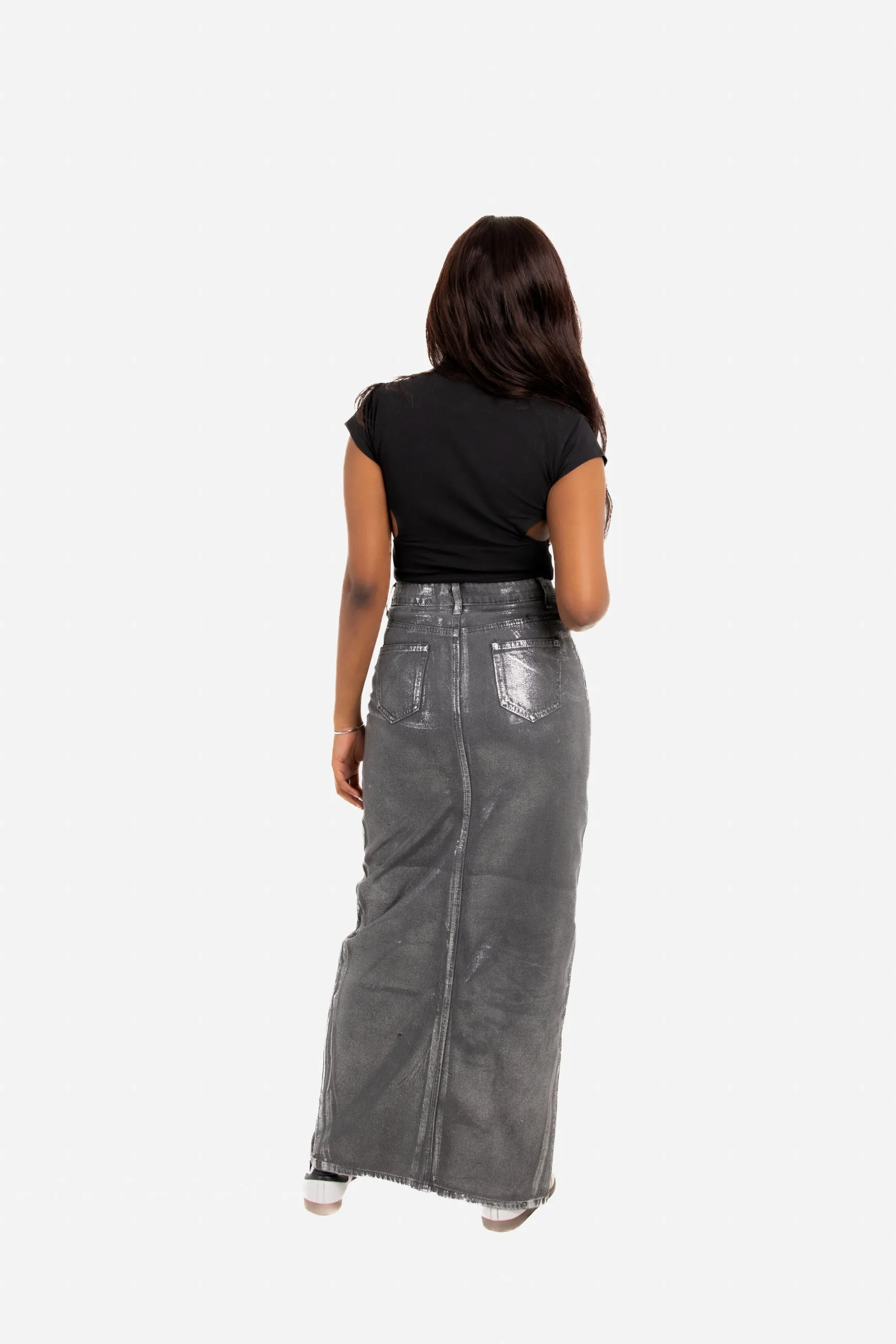 Maxi-Length Metallic Silver Split Skirt