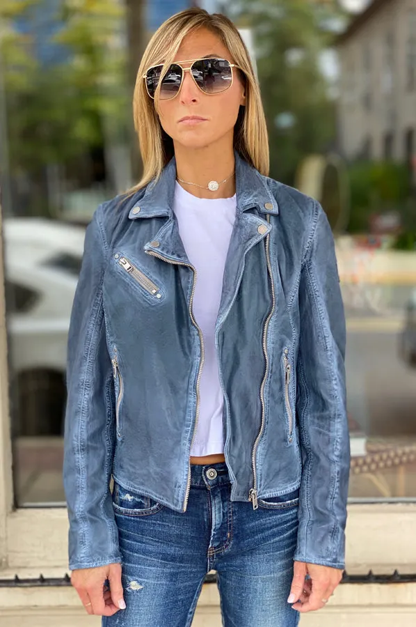 Maysie Peace Leather Jacket - Sky