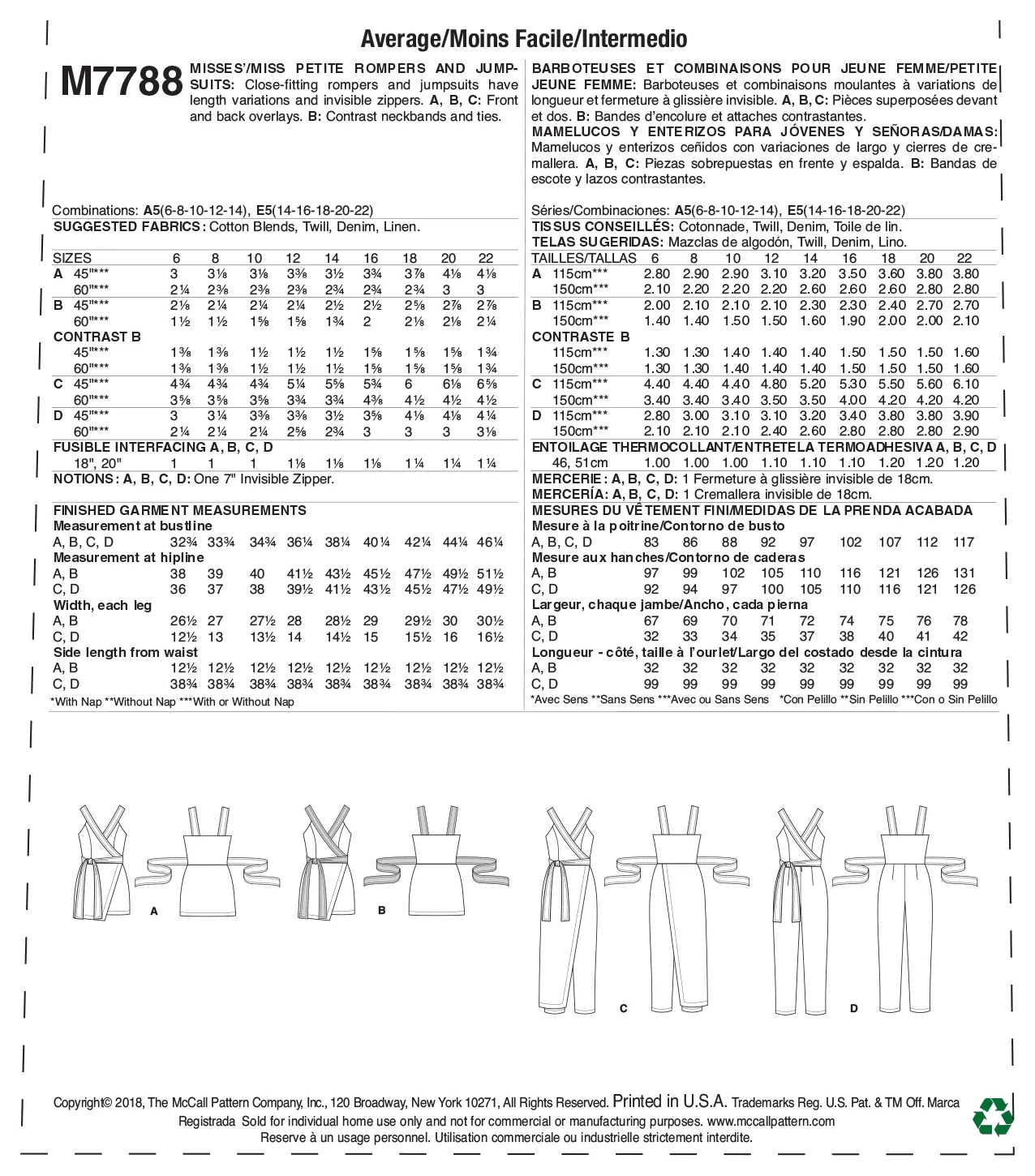 MCCALL'S PATTERN MISSES'/MISS PETITE ROMPER AND JUMPSUIT 7788