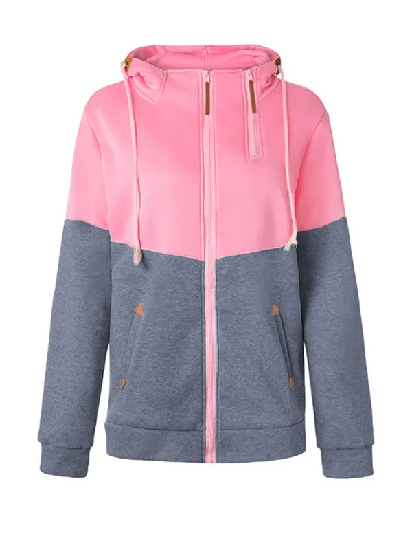 Meaghan Double Zipper Color Block Hooded Long-Sleeved Plus Velvet Sweatshirt