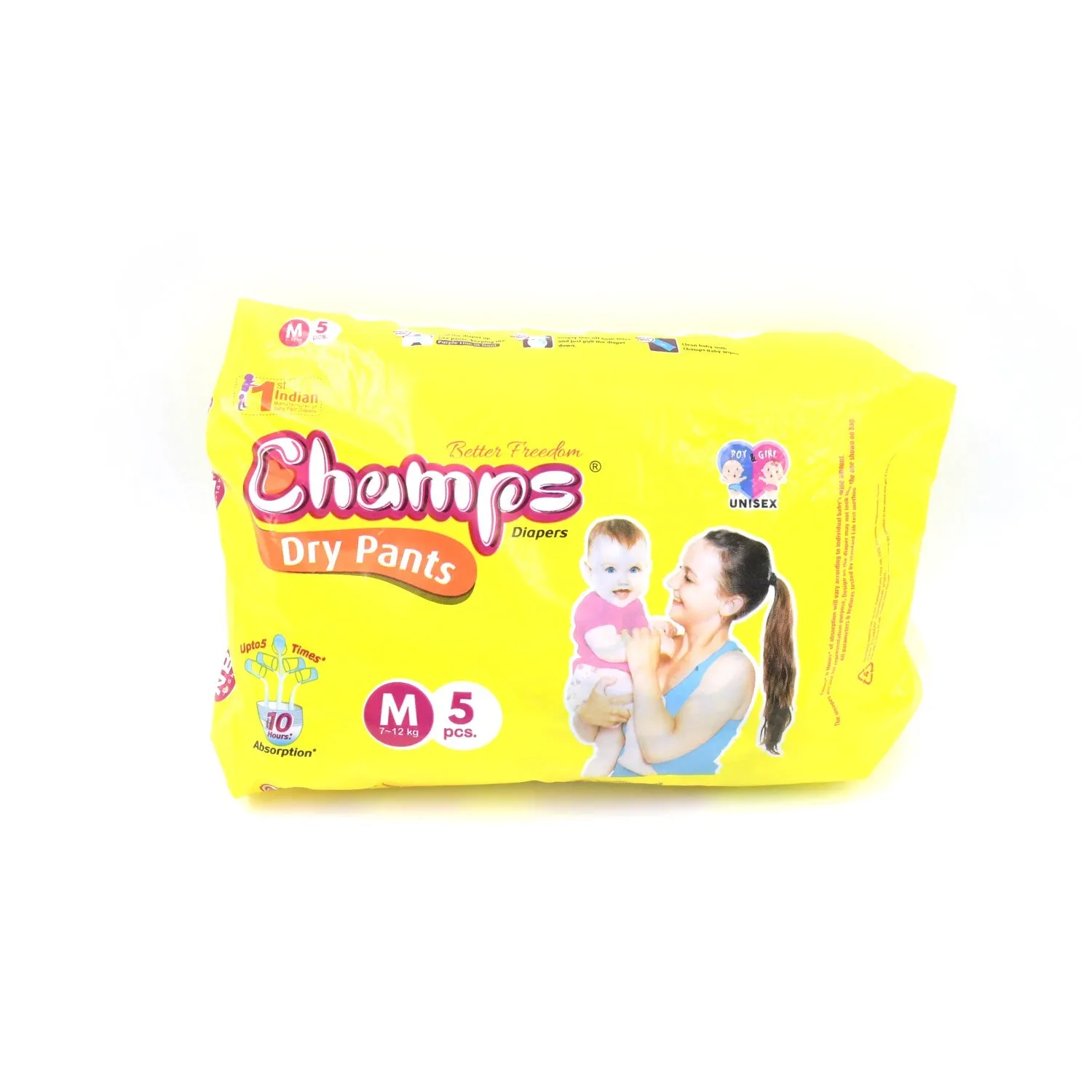 Medium Champs Dry Pants Style Diaper - Medium (5 pcs) Best for Travel  Absorption, Champs Baby Diapers, Champs Soft and Dry Baby Diaper Pants (M, 5 Pcs )