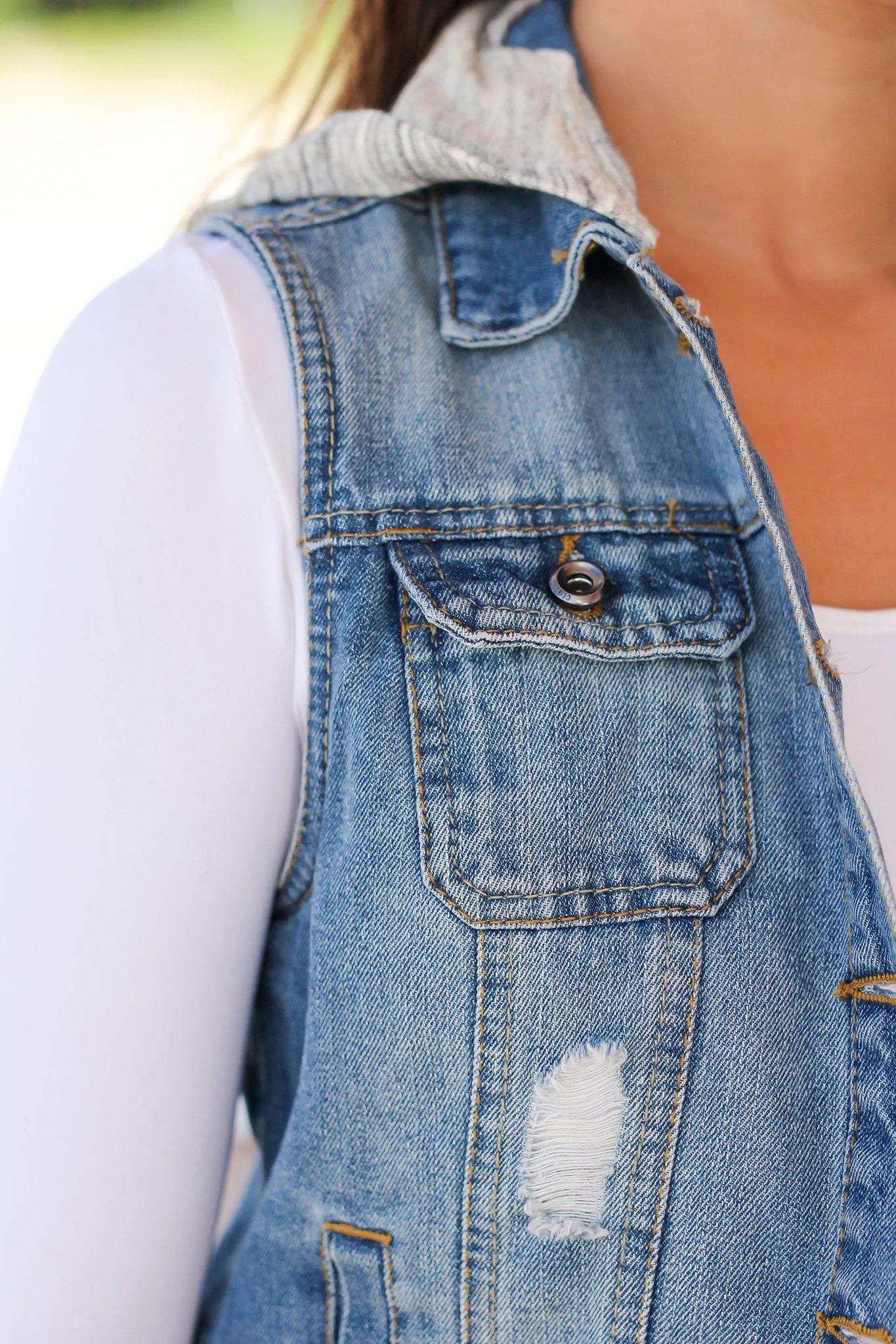 Medium Wash Denim Vest with Hood