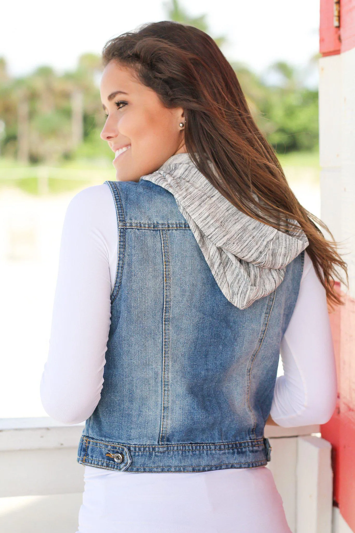 Medium Wash Denim Vest with Hood