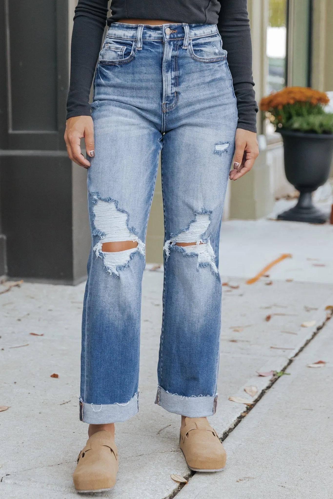 Medium Wash High Rise Cuffed Dad Jeans