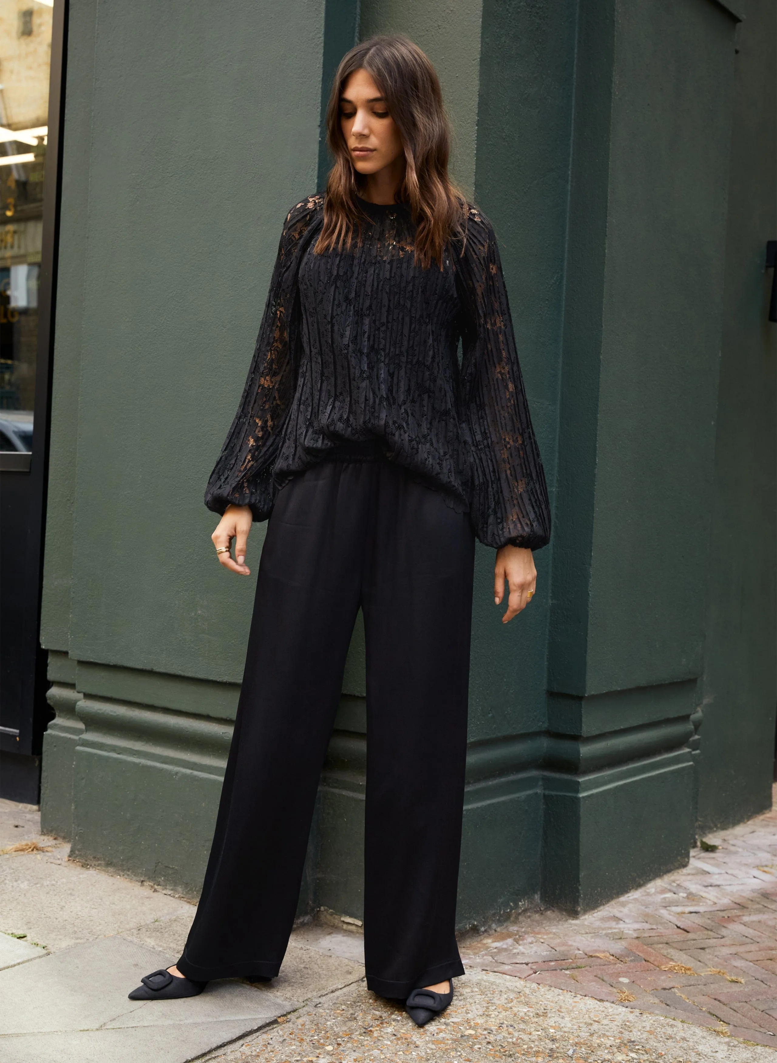 Megan Satin Palazzo Trousers | Caviar Black