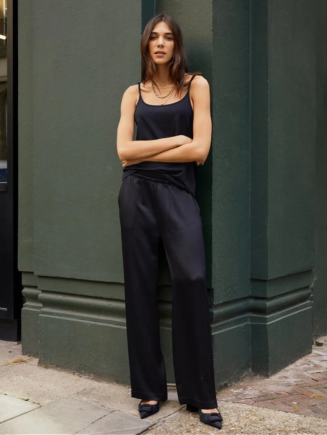 Megan Satin Palazzo Trousers | Caviar Black