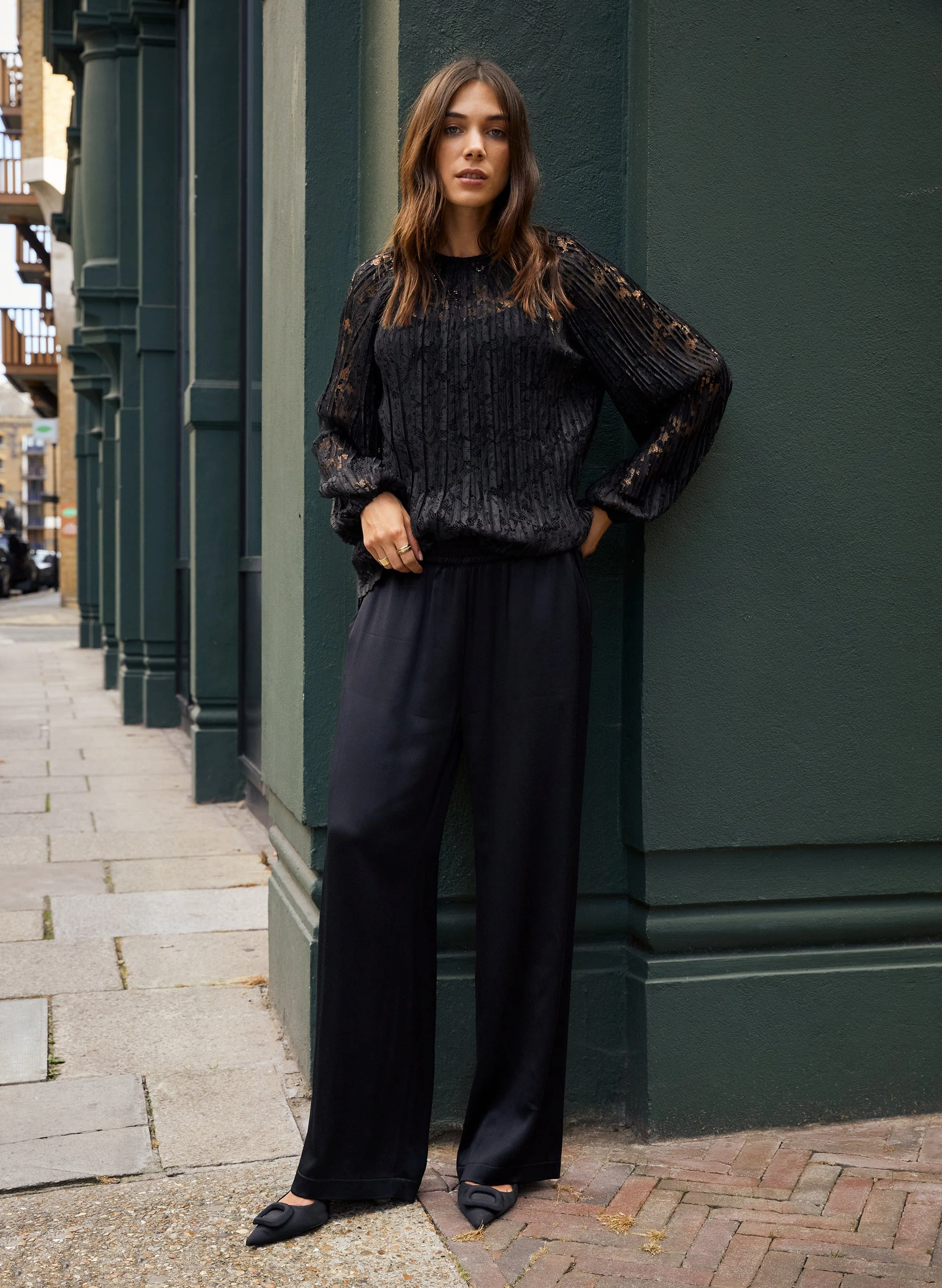 Megan Satin Palazzo Trousers | Caviar Black