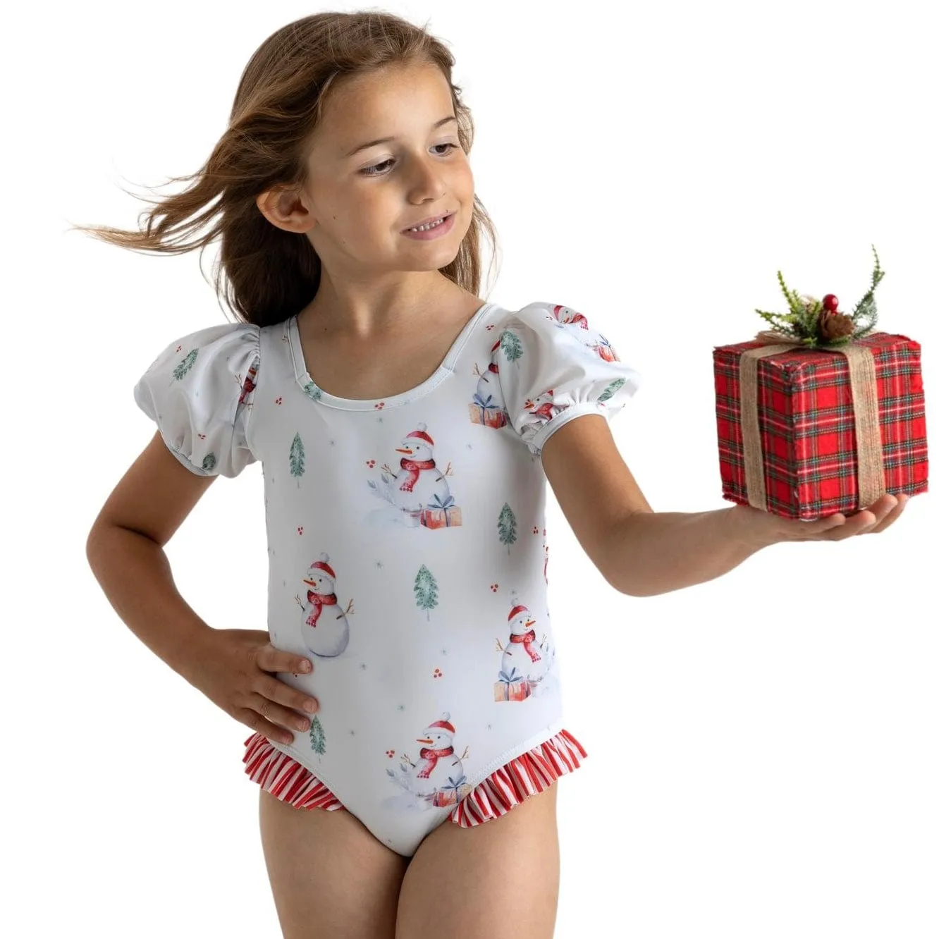 MEIA PATA -  Snowman Print Coral Swimsuit - White