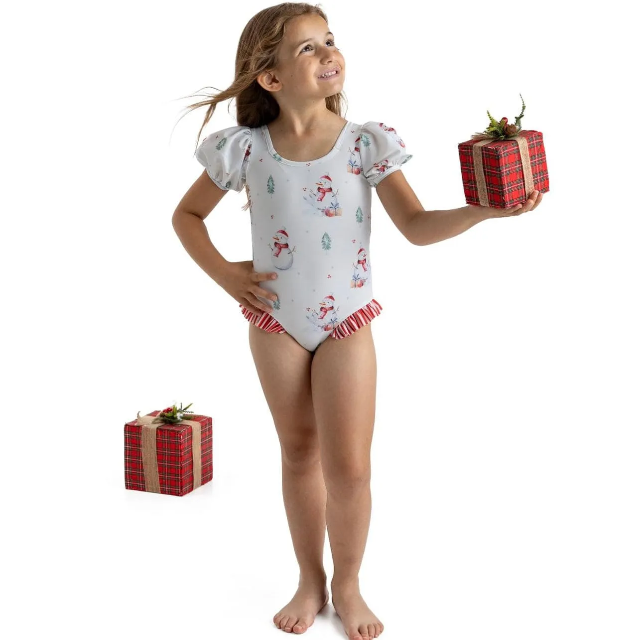 MEIA PATA -  Snowman Print Coral Swimsuit - White