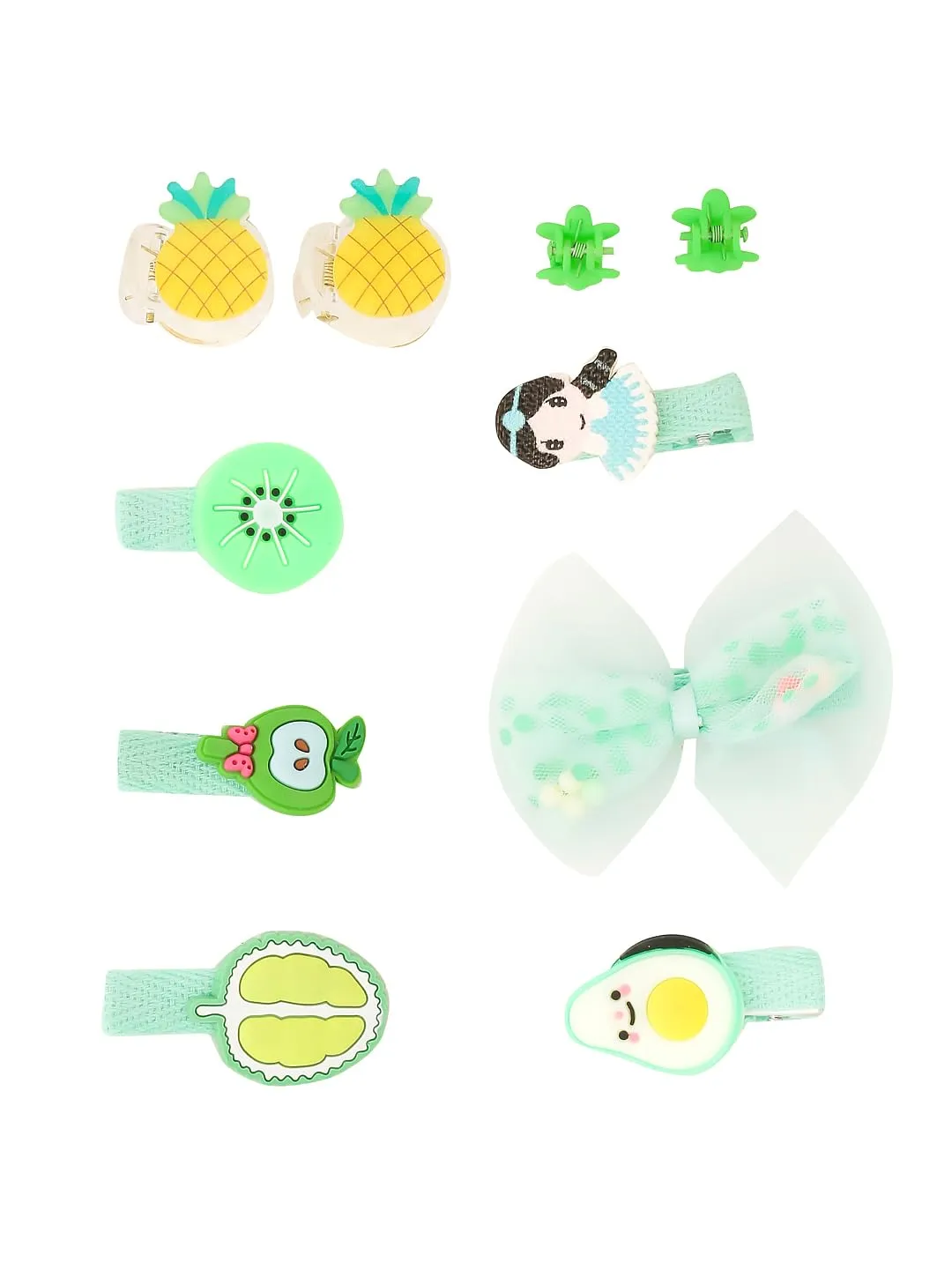 Melbees by Yellow Chimes Kids Hair Accessories for Girls Hair Accessories Combo Set Green 10 Pcs Baby Girl's Hair Clips Set Cute Ponytail Holder Claw Clip Bow Clips For Girls Assortment Gift Set