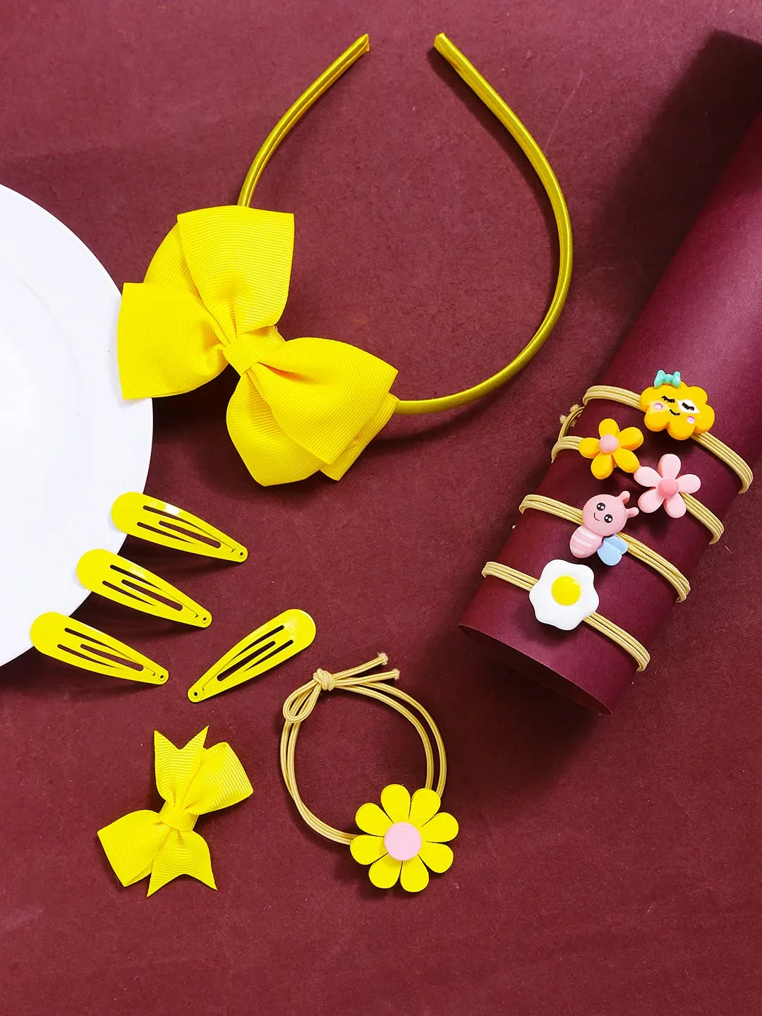 Melbees by Yellow Chimes Set of Hair Accessories Set of Bow Hair Band, 1 PCS Bow Hair Clips, 4 PCS Tic-Tac Hair Clips and 5 PCS Rubber Bands Pony Holders for Girls and Kids, Meduim (YCHASET-KD001-YL)