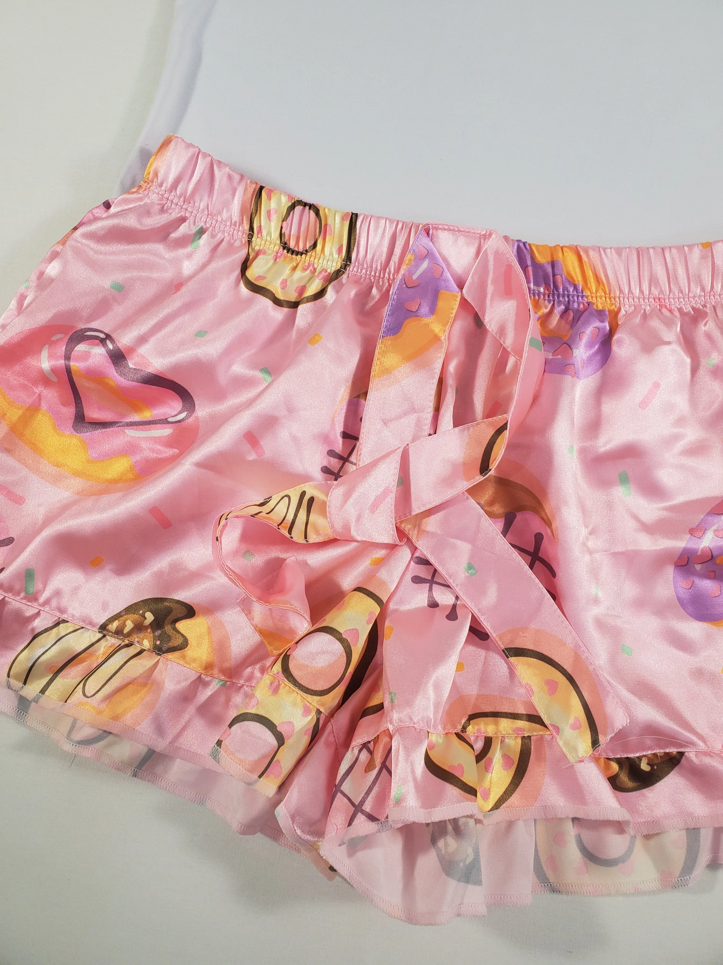 Mellow Women's pajama set pink satin shorts donuts and hearts theme white blouse