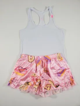 Mellow Women's pajama set pink satin shorts donuts and hearts theme white blouse