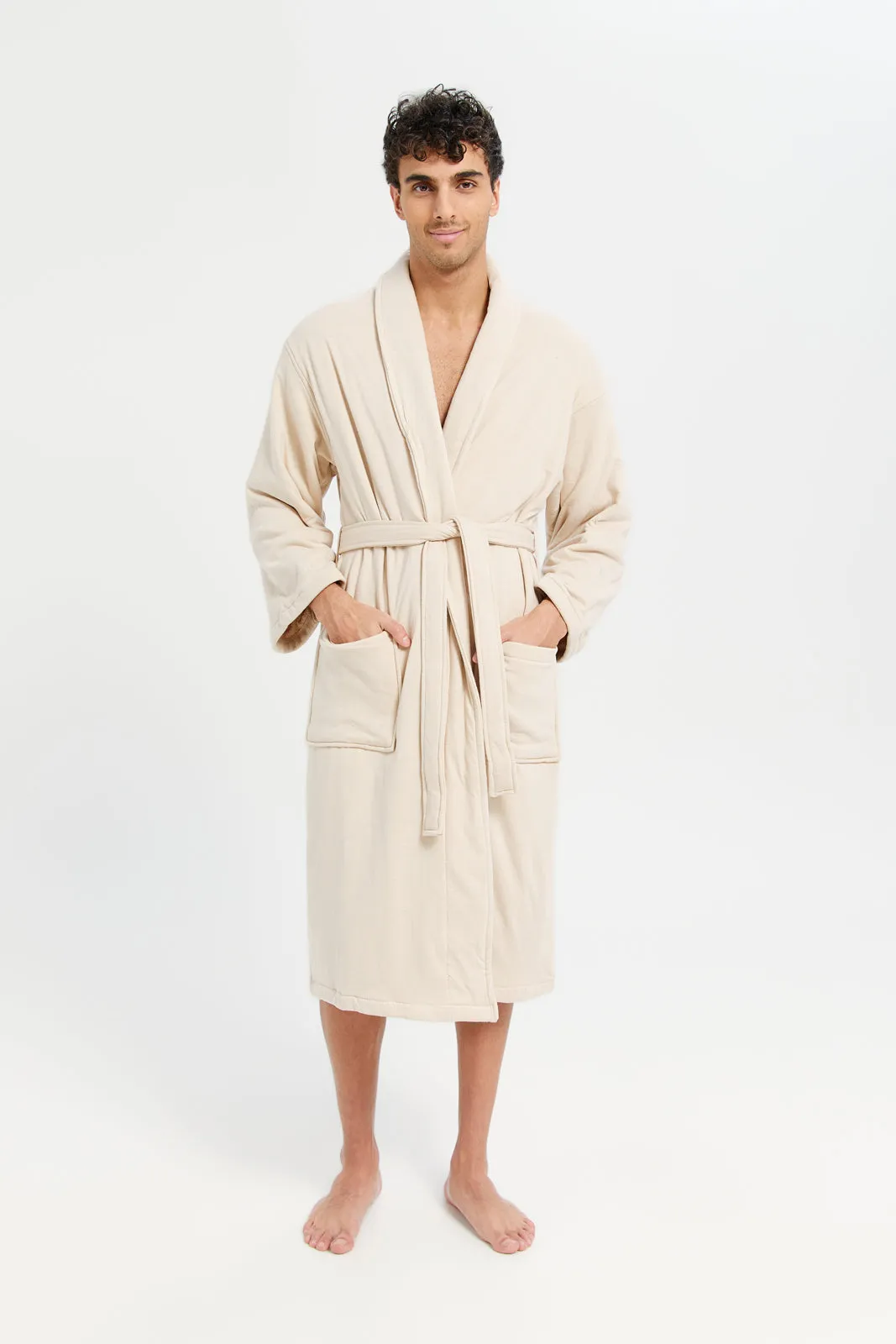 Men Beige Knitted Bathrobe