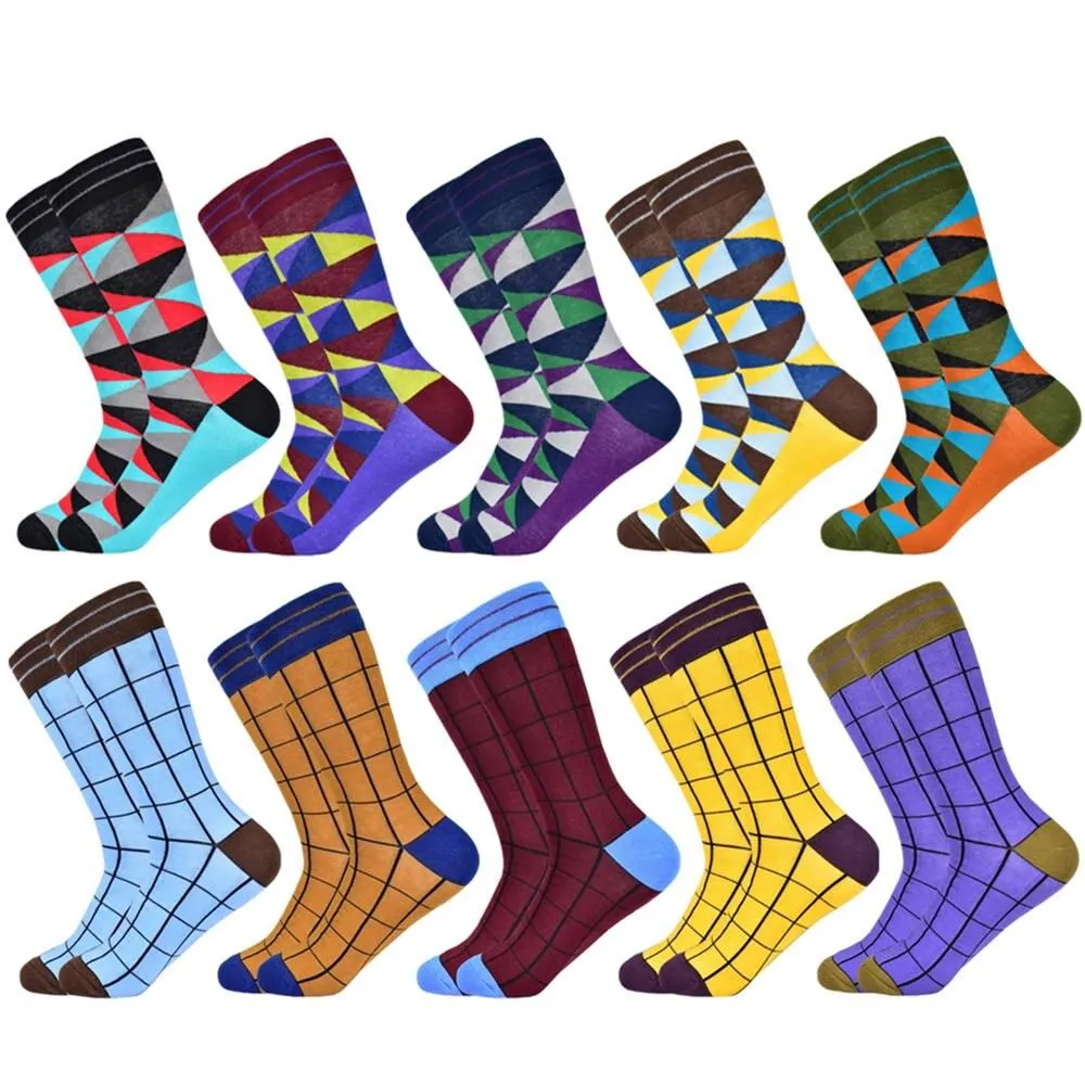 Men Colourful Cotton Geometric Lattice Classic Happy Business Casual  Socks