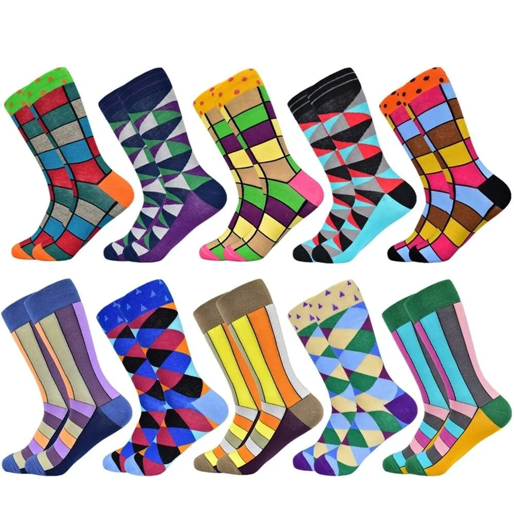 Men Colourful Cotton Geometric Lattice Classic Happy Business Casual  Socks