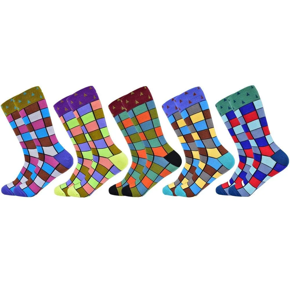 Men Colourful Cotton Geometric Lattice Classic Happy Business Casual  Socks