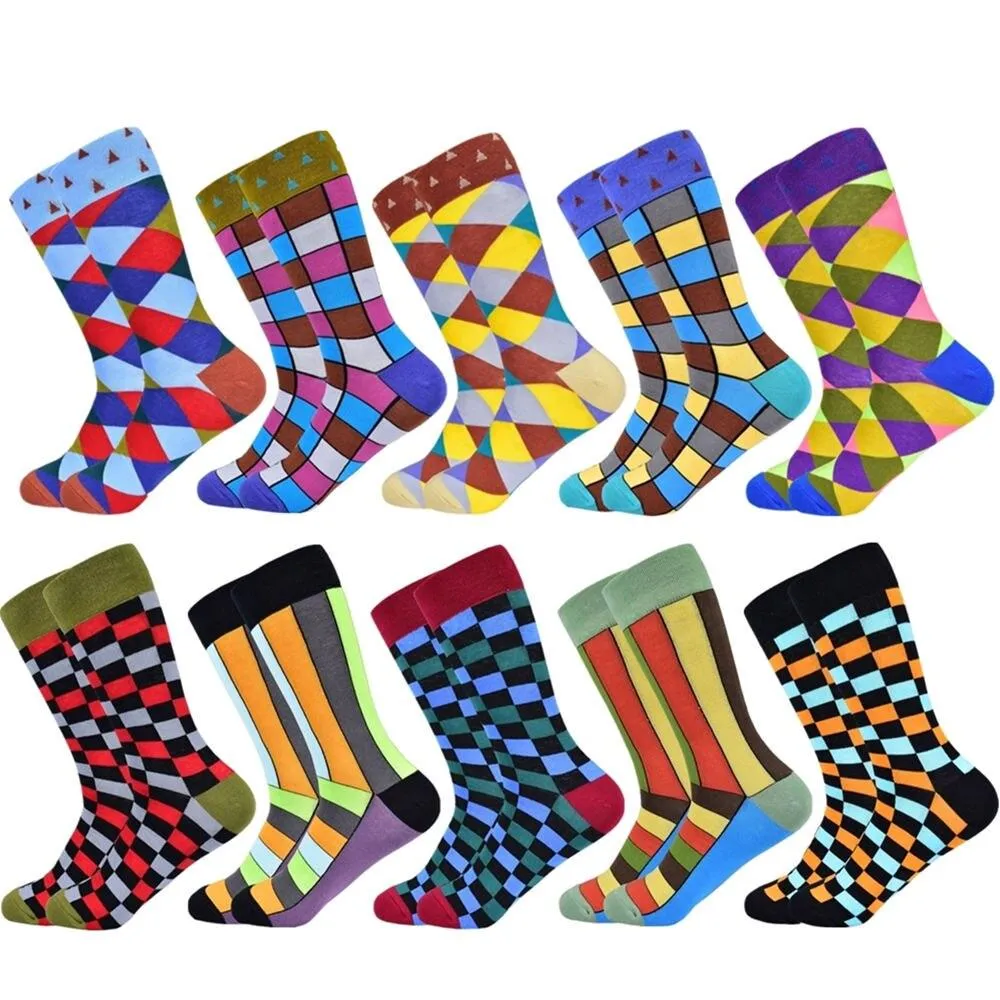 Men Colourful Cotton Geometric Lattice Classic Happy Business Casual  Socks