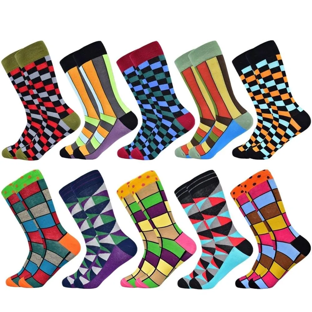 Men Colourful Cotton Geometric Lattice Classic Happy Business Casual  Socks