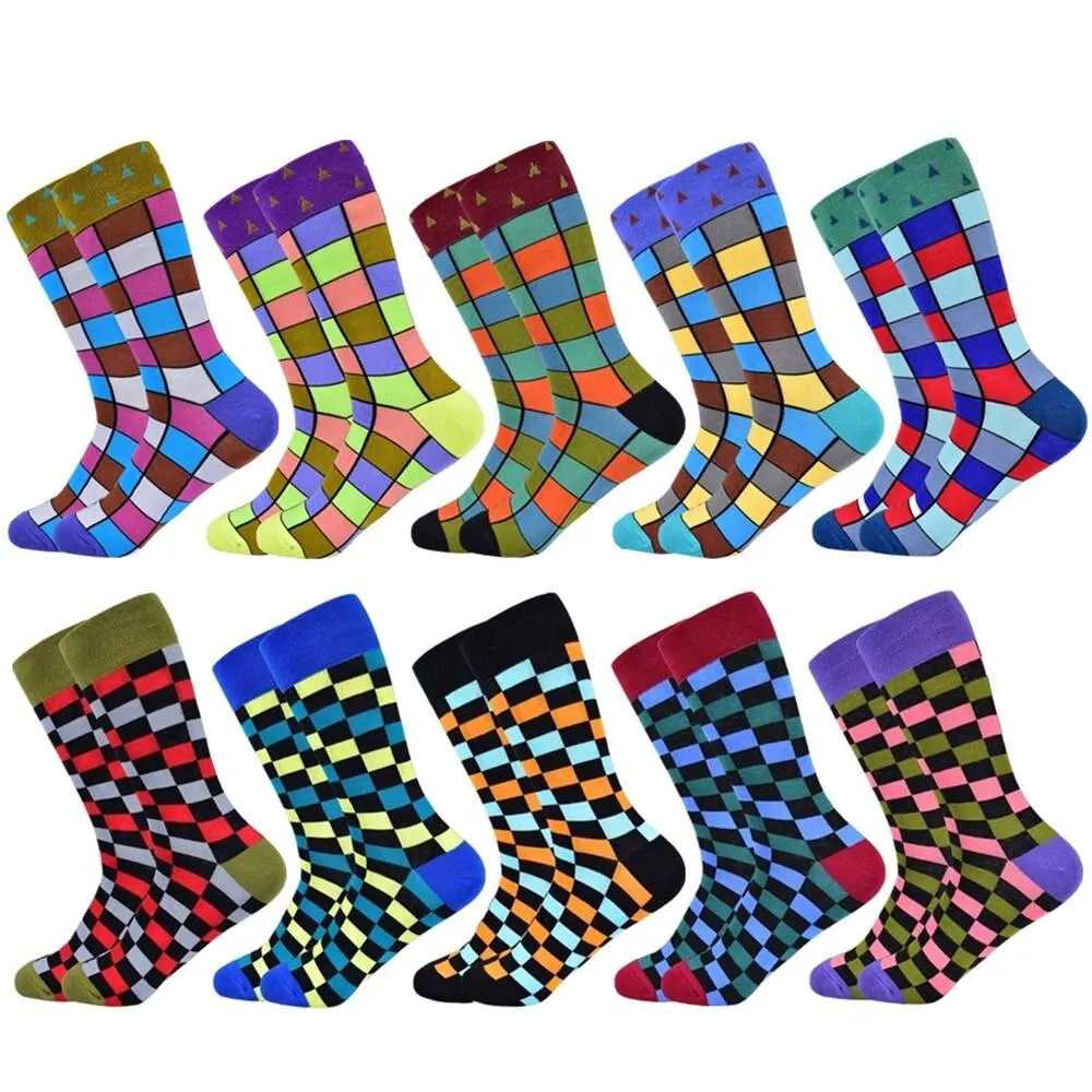 Men Colourful Cotton Geometric Lattice Classic Happy Business Casual  Socks